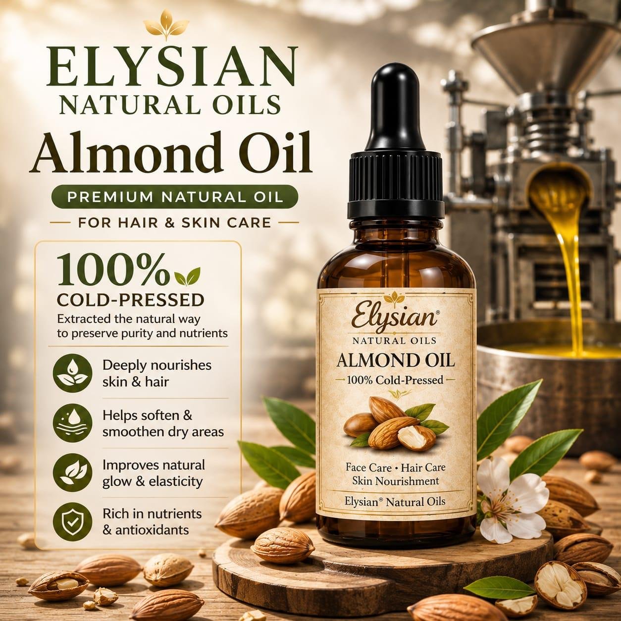 Elysian Cold Pressed Almond Oil – 100% Pure for Hair & Skin 30ml