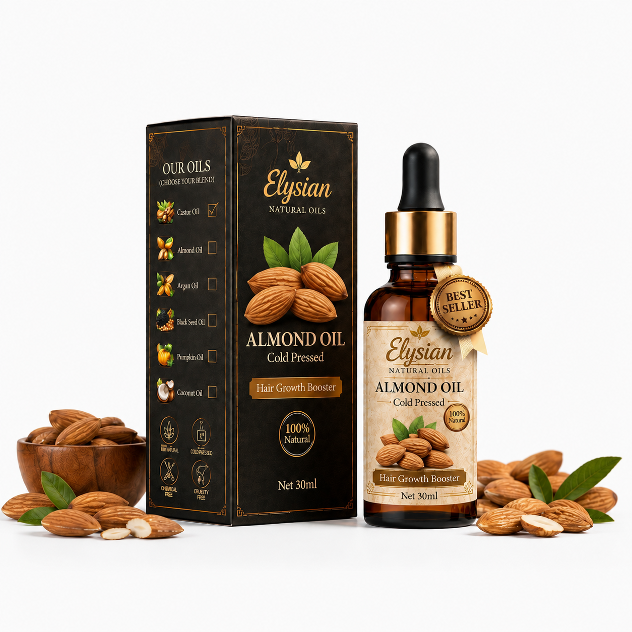 Elysian Cold Pressed Almond Oil – 100% Pure for Hair & Skin 30ml